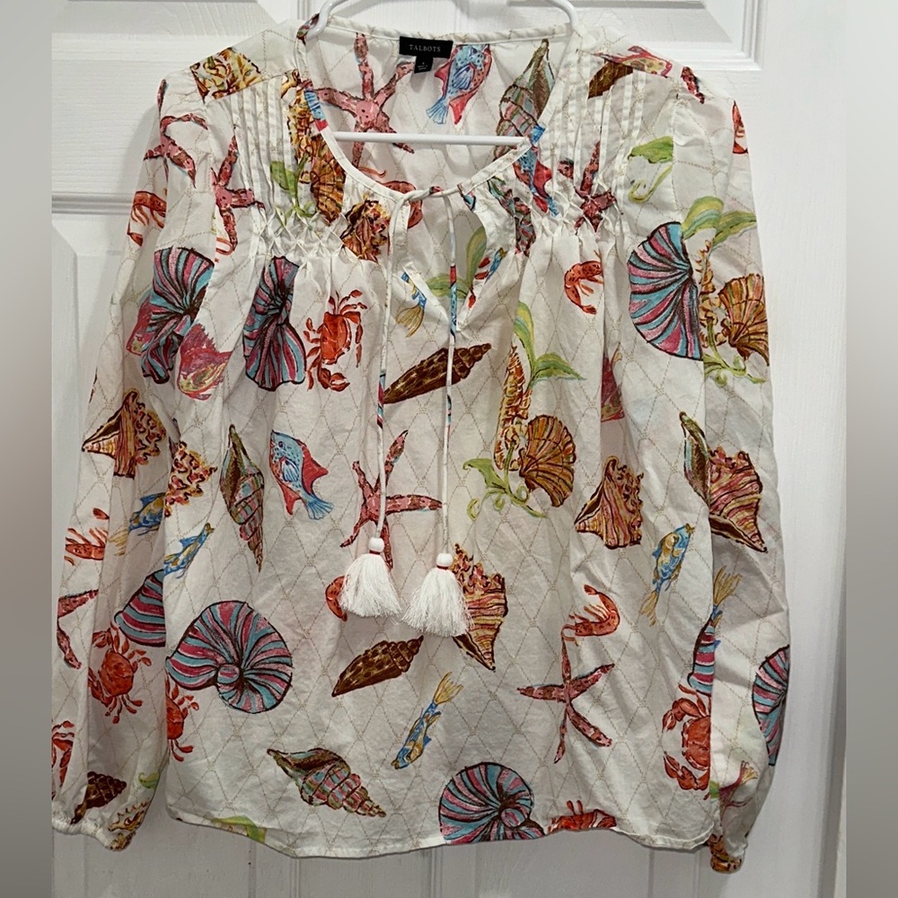 Talbot Pin Tucked Tie Front Under the Sea Peasant Blouse
